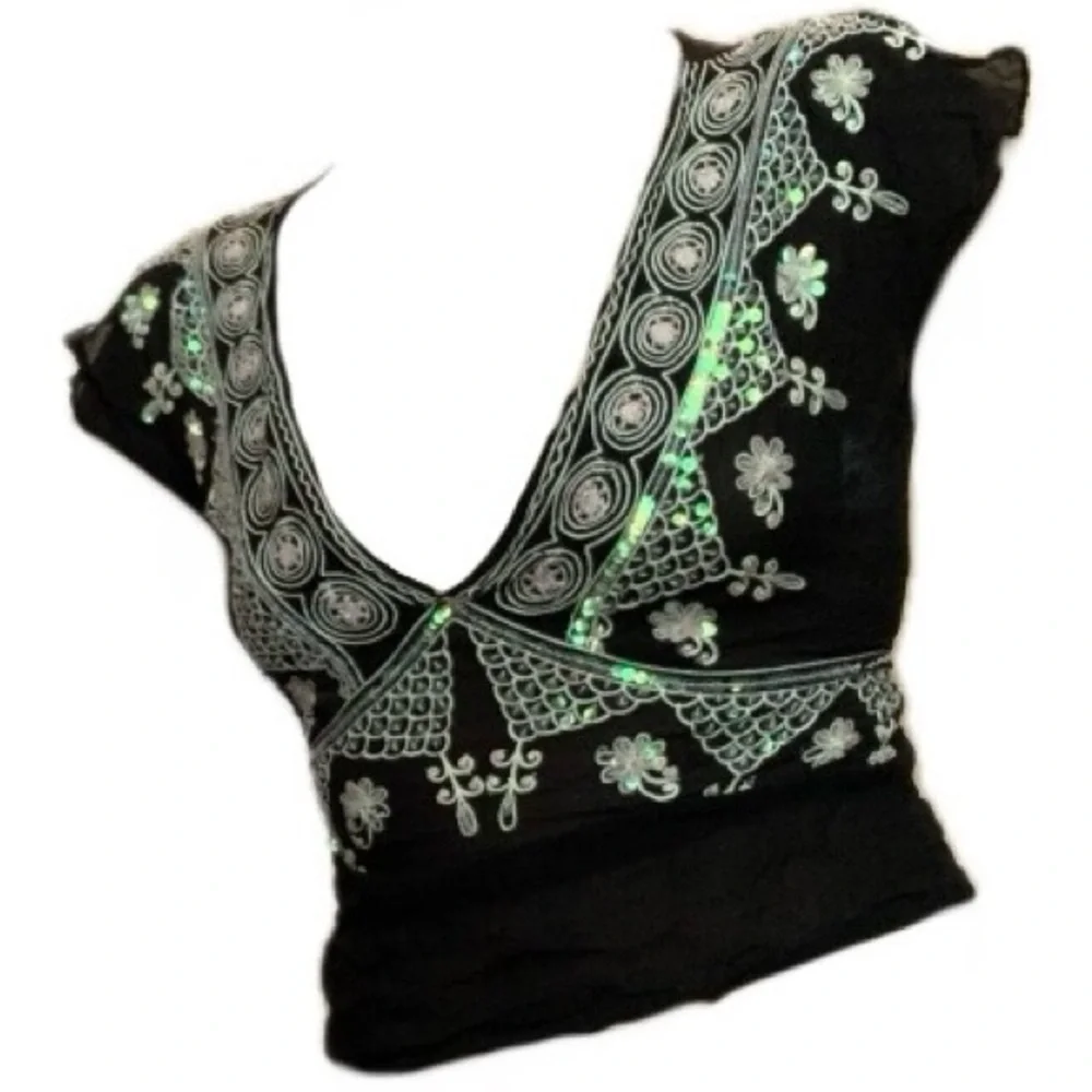 JLO Iridescent Sequin Top, Embroidered Deep V-neck with Shoulder Slits - Picture 3 of 5